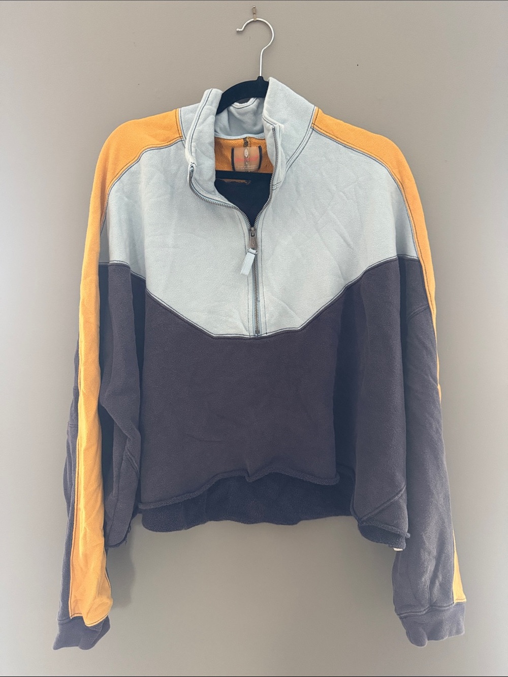 Free People Colorblock Quarter-Zip Pullover in Yellow, Light Blue, and Navy